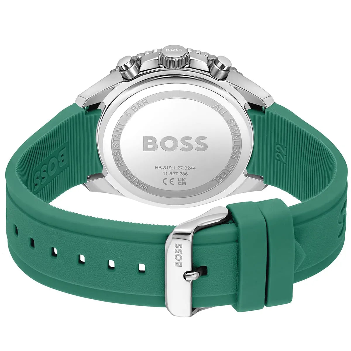 Caseback of Hugo Boss Runner 1514246 showing technical specs black dial and green rubber strap 50m water resistant