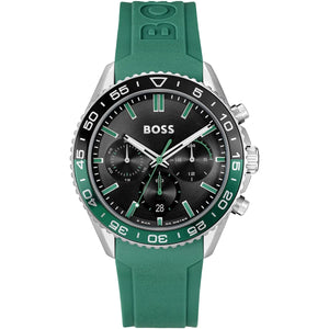 Hugo Boss Runner 1514246 men's watch with black dial, green rubber strap, and 50m water resistance main view
