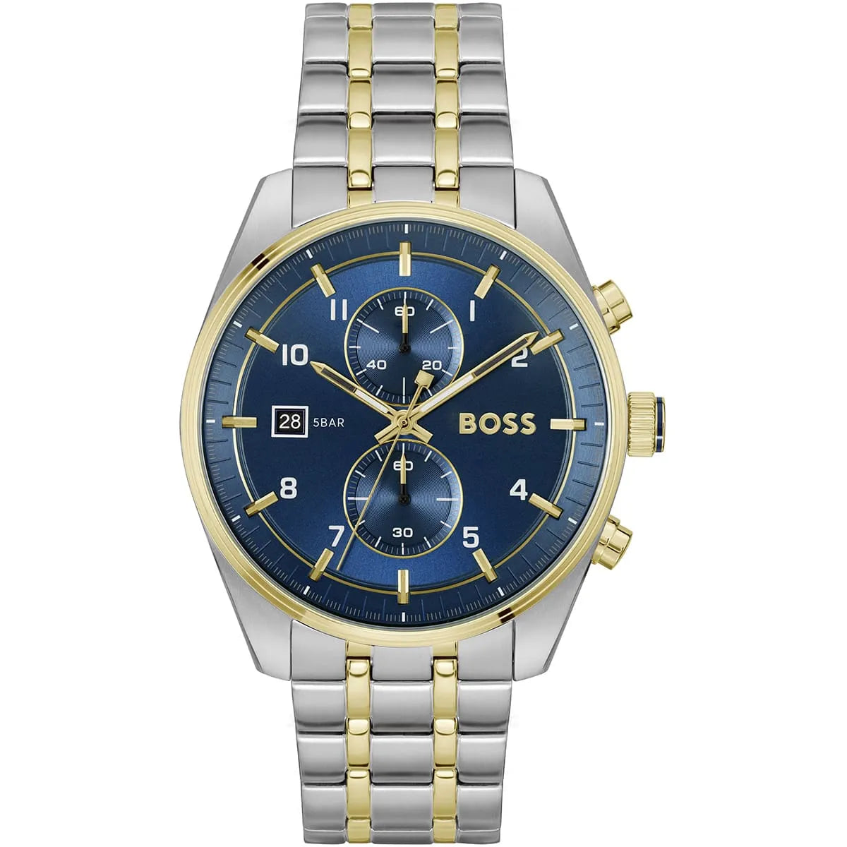 Authentic real-life photo of Boss Skytraveller 1514247 showing the two-tone silver and gold bracelet and blue chronograph dial from Luxury Hub Store