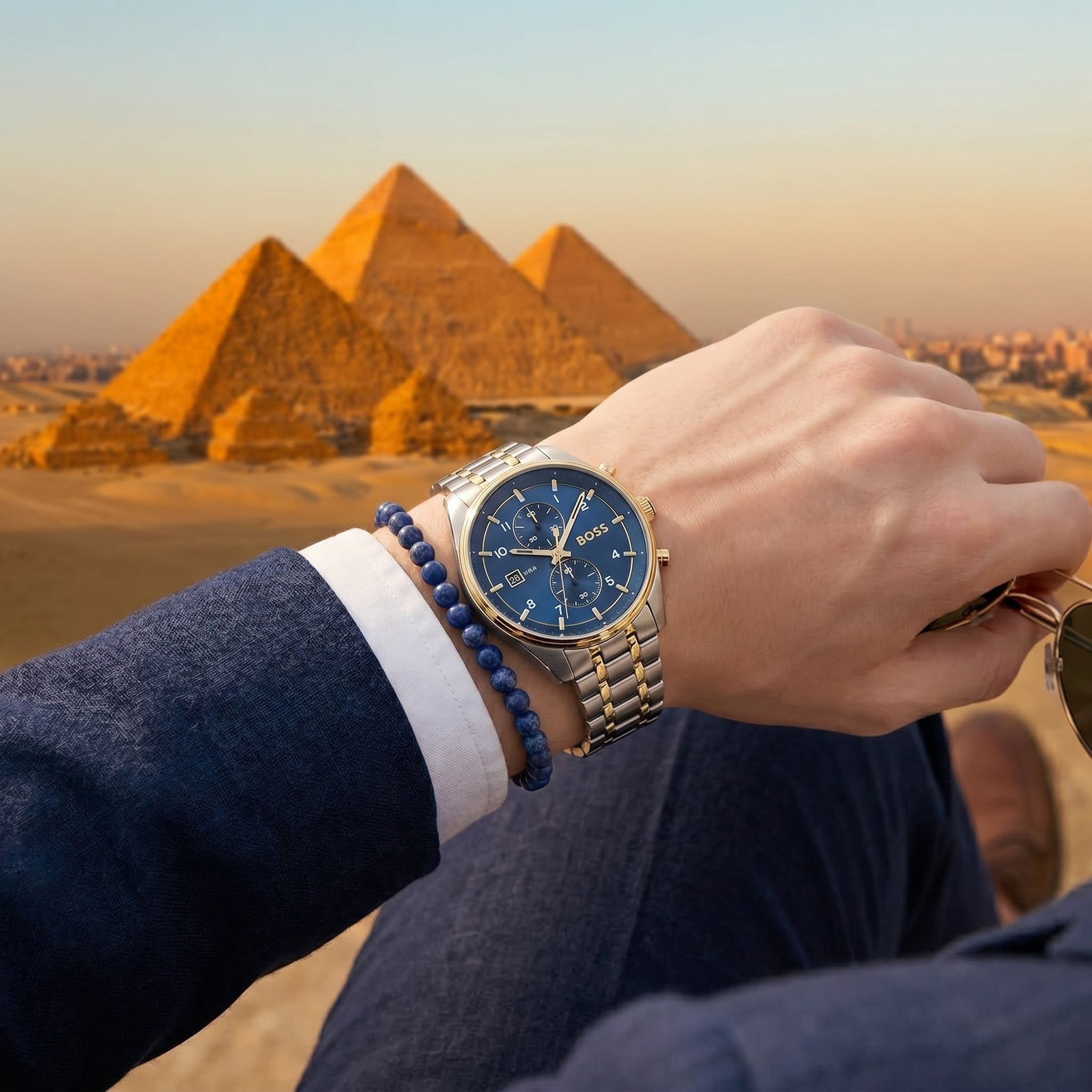 Lifestyle photo of Boss Skytraveller 1514247 showing the elegant two-tone watch on a man's wrist in a professional setting from Luxury Hub Store
