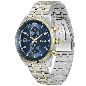 Perspective photo of Boss Skytraveller 1514247 showing the details and finish of the mixed metal silver and gold bracelet from Luxury Hub Store