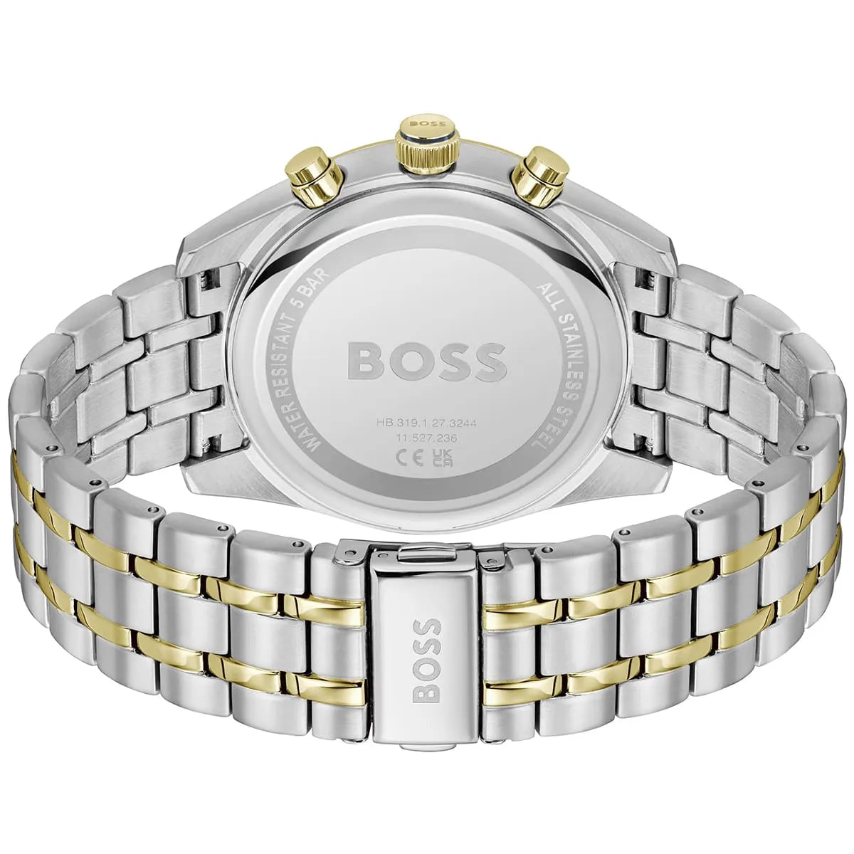 Silver and gold watch with 'BOSS' branding on a white background