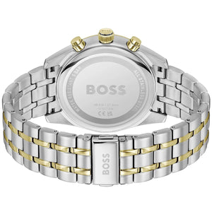 Silver and gold watch with 'BOSS' branding on a white background
