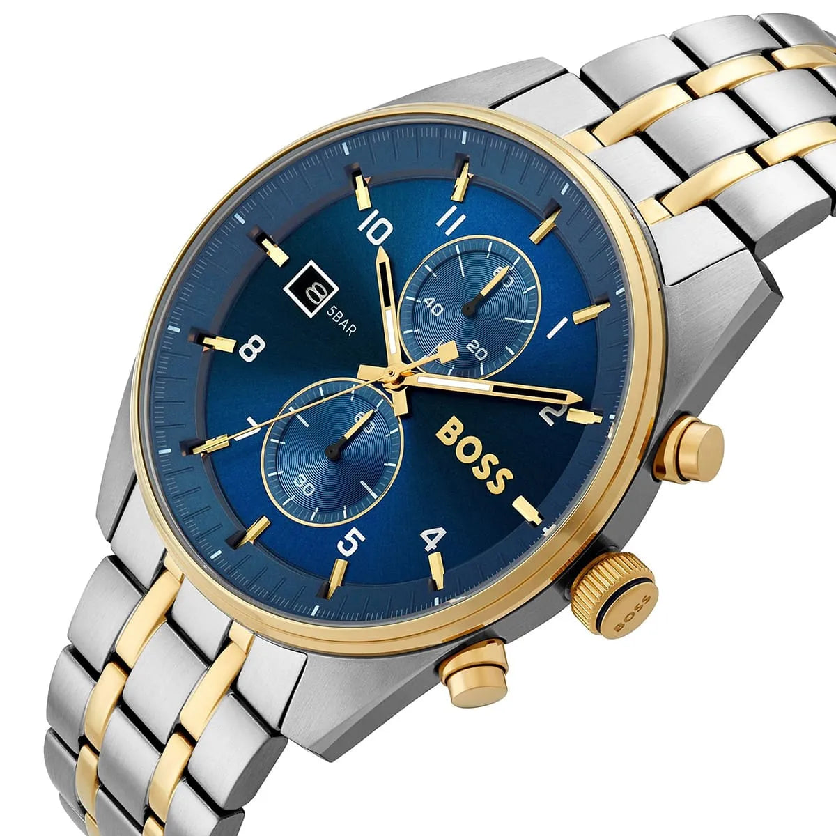 Angled real-life photo of Boss Skytraveller 1514247 showing the texture of the gold-tone bezel, crown, and pushers from Luxury Hub Store