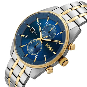 Angled real-life photo of Boss Skytraveller 1514247 showing the texture of the gold-tone bezel, crown, and pushers from Luxury Hub Store