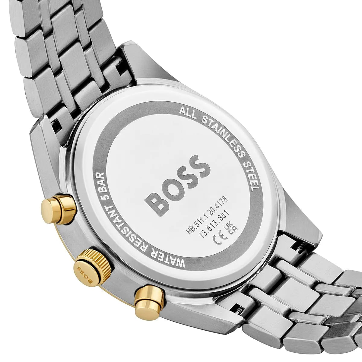 Back view photo of Boss Skytraveller 1514247 showing the stainless steel caseback and engraved markings from Luxury Hub Store