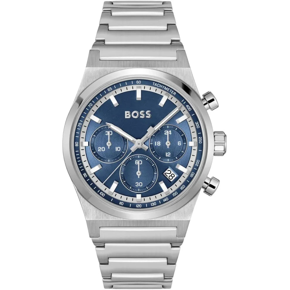Hugo Boss Candor 1514250 men's chronograph watch with silver stainless steel case and blue sunray dial