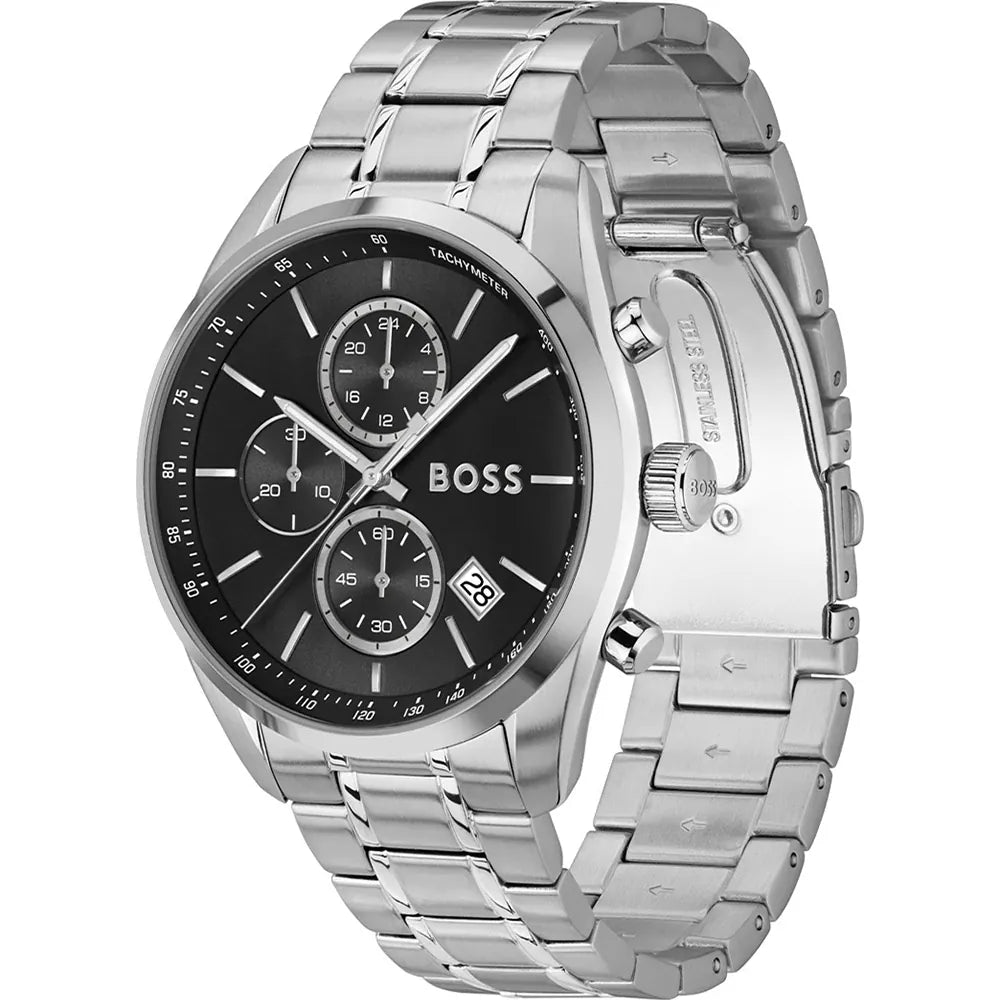 Angled real-life photo of Hugo Boss 1514251 showing the polished silver case and black dial