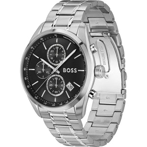 Angled real-life photo of Hugo Boss 1514251 showing the polished silver case and black dial