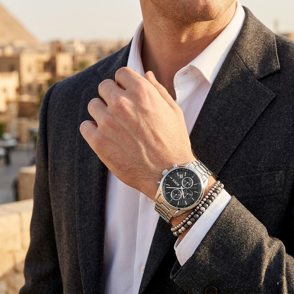 Lifestyle photo of Hugo Boss 1514251 showing the bold silver watch on a man's wrist