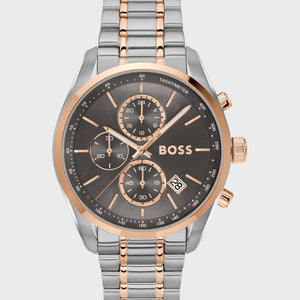 Hugo Boss Steer 1514252 men's watch featuring grey sunray dial, rose gold hands, and two-tone silver & rose gold bracelet