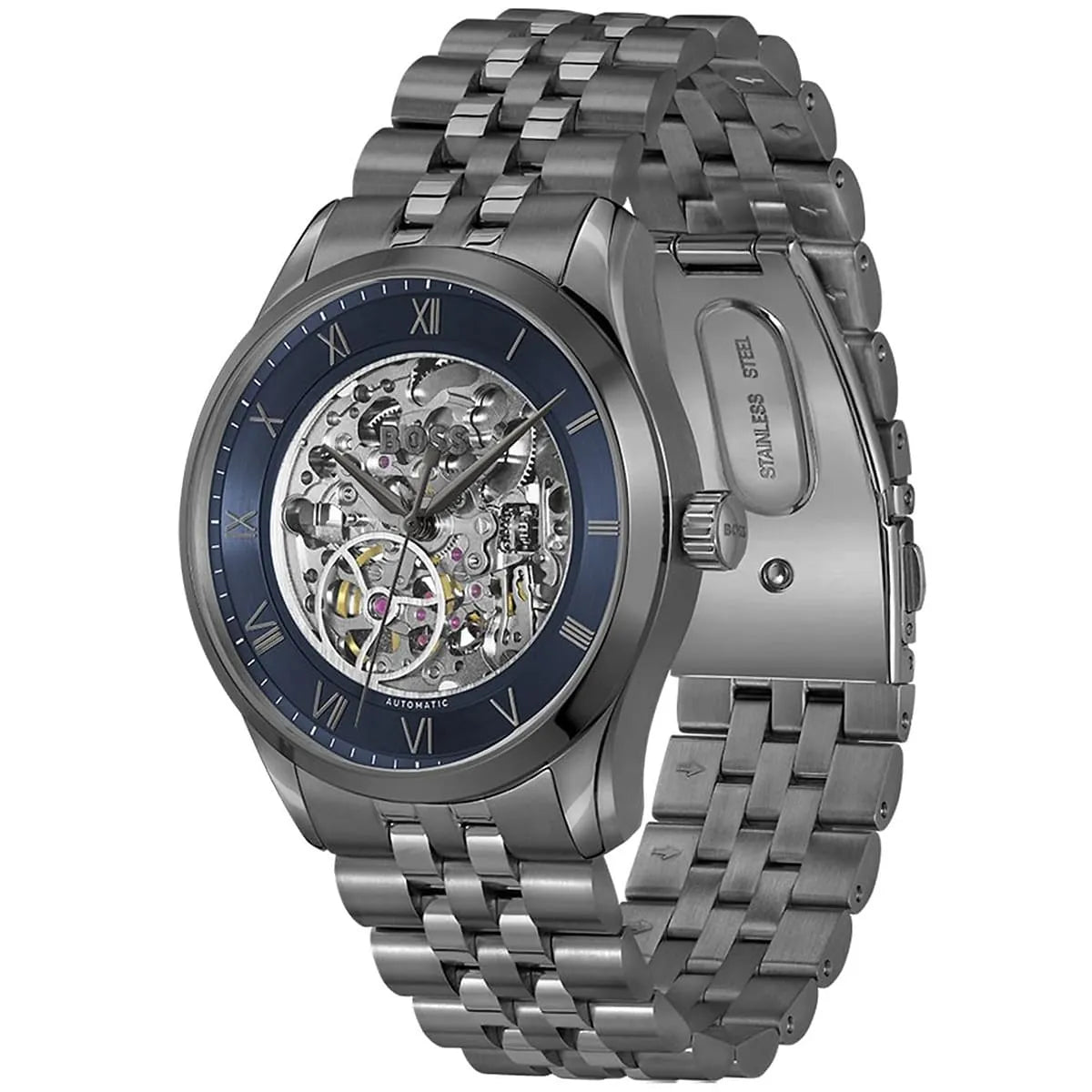 Angled real-life photo of Hugo Boss 1514254 showing the polished gunmetal case and mechanical gears