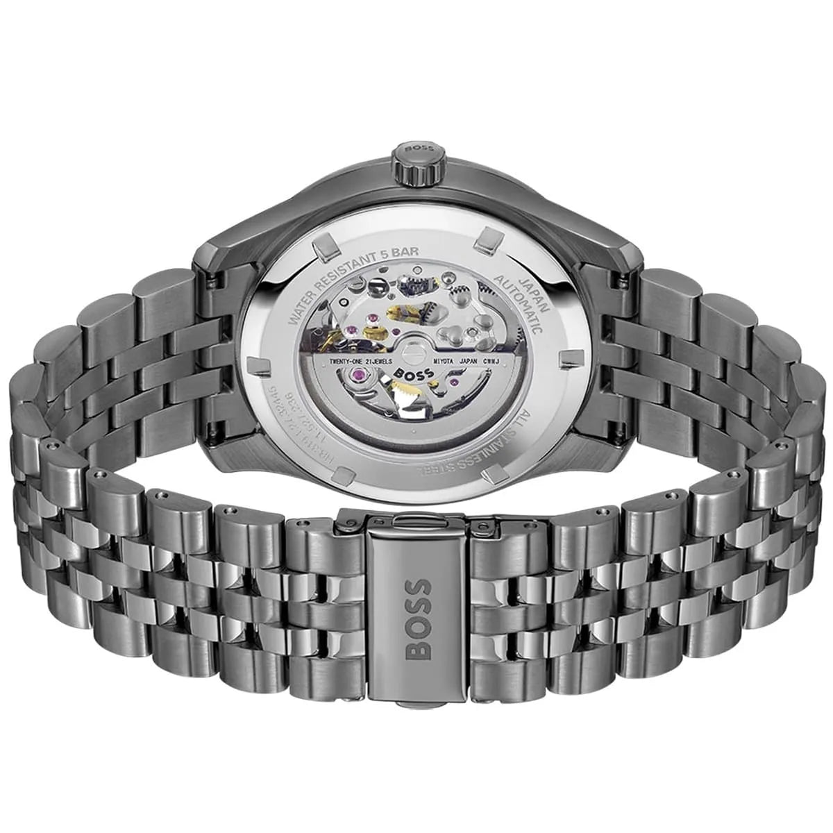 Back view photo of Hugo Boss 1514254 showing the exhibition caseback showing automatic gears