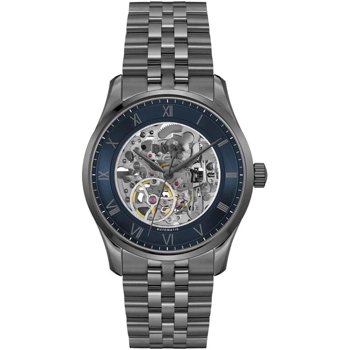 Authentic real-life photo of Hugo Boss 1514254 showing actual gunmetal metal skeleton design and blue ring