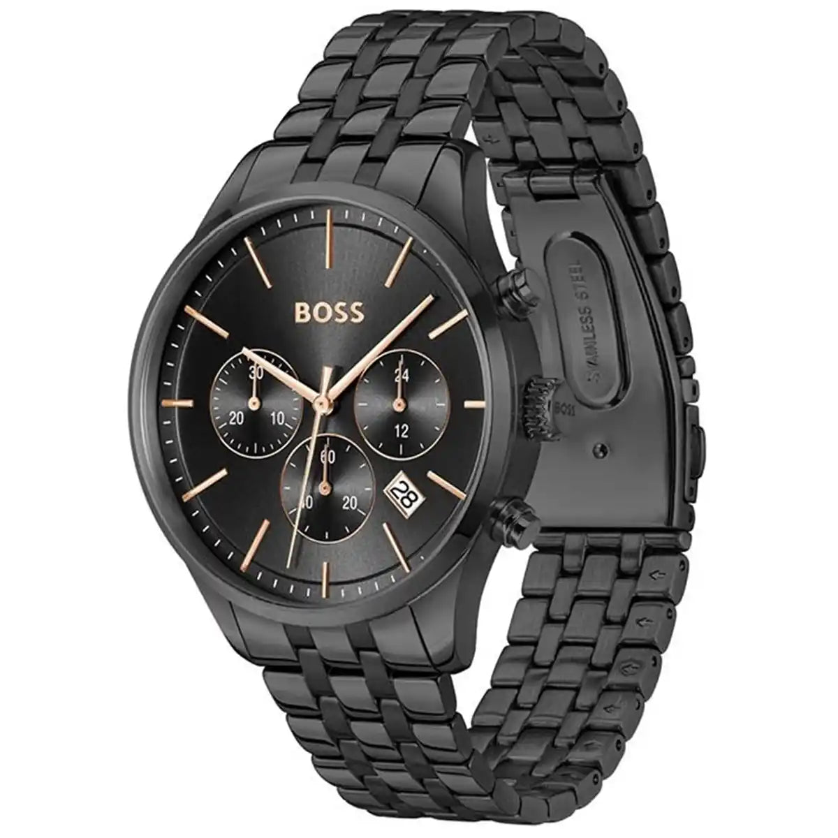 Angled real-life photo of Hugo Boss 1514256 showing the polished black case and rose gold detail