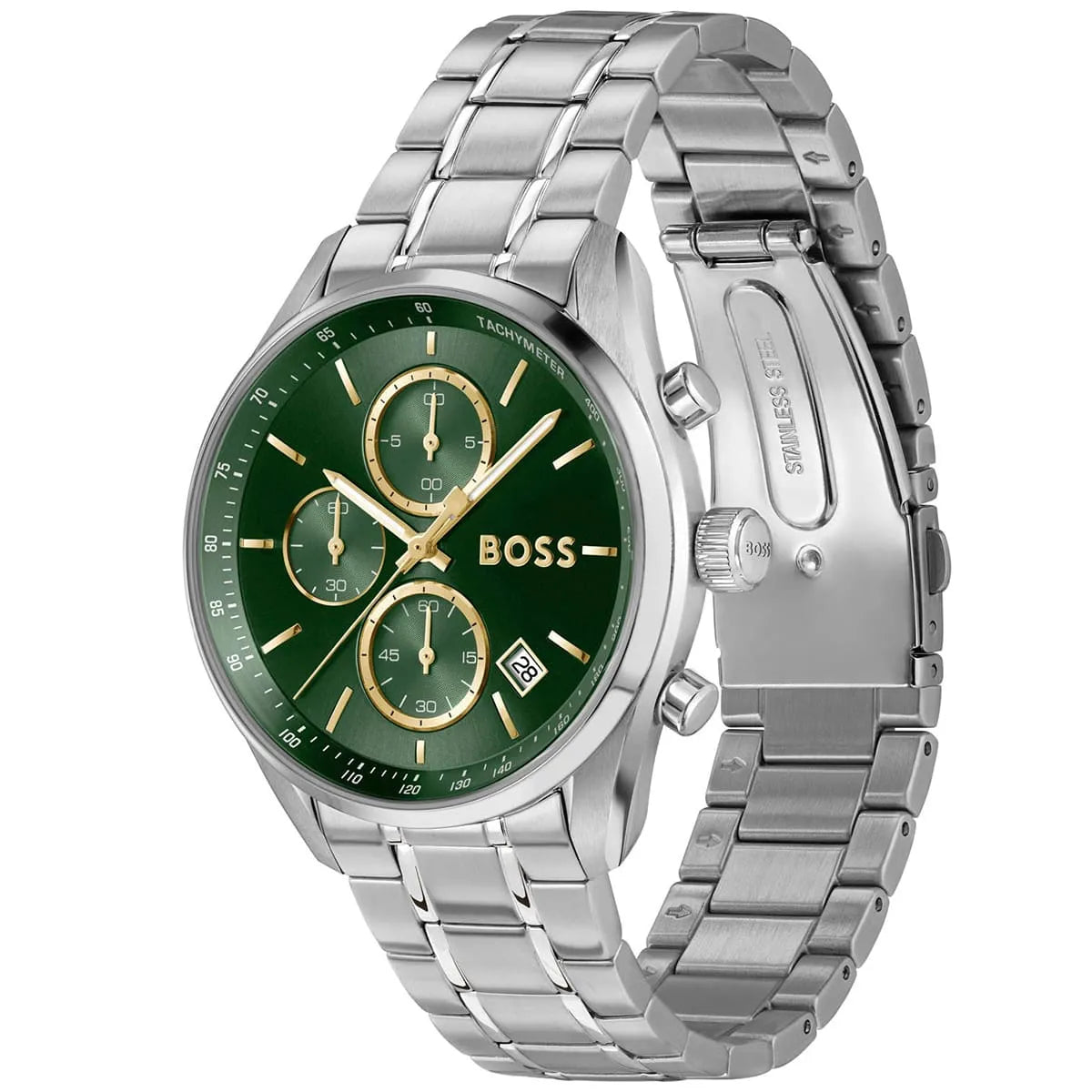Angled real-life photo of Hugo Boss 1514265 showing the polished silver case and green dial