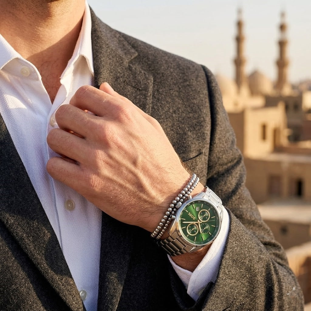 Lifestyle photo of Hugo Boss 1514265 showing the bold silver watch on a man's wrist