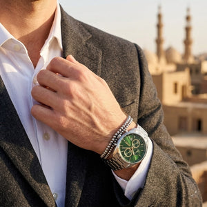 Lifestyle photo of Hugo Boss 1514265 showing the bold silver watch on a man's wrist