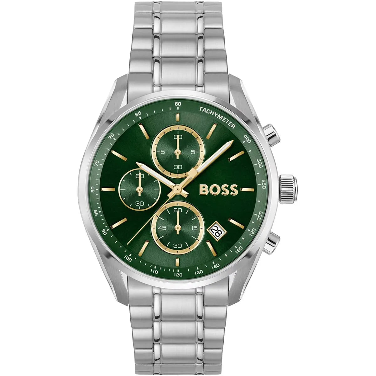 Authentic real-life photo of Hugo Boss 1514265 showing actual silver finish and sunray green dial