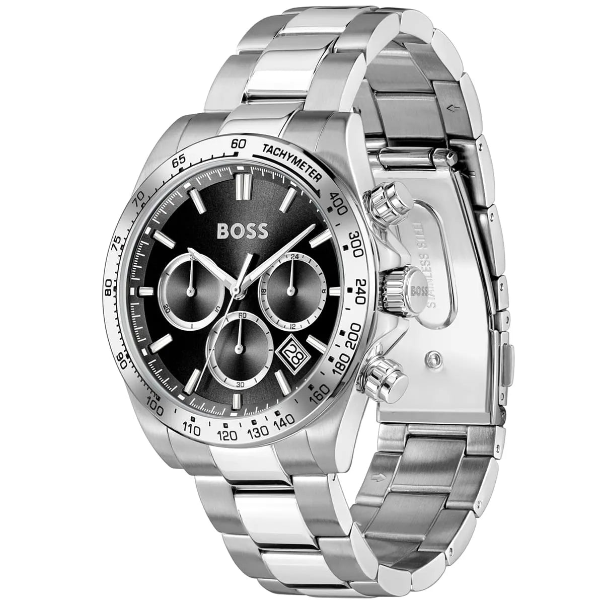 Left angled view of Hugo Boss Hero 1514267 men's quartz battery watch showing silver bracelet and silver-tone case profile