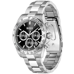 Left angled view of Hugo Boss Hero 1514267 men's quartz battery watch showing silver bracelet and silver-tone case profile