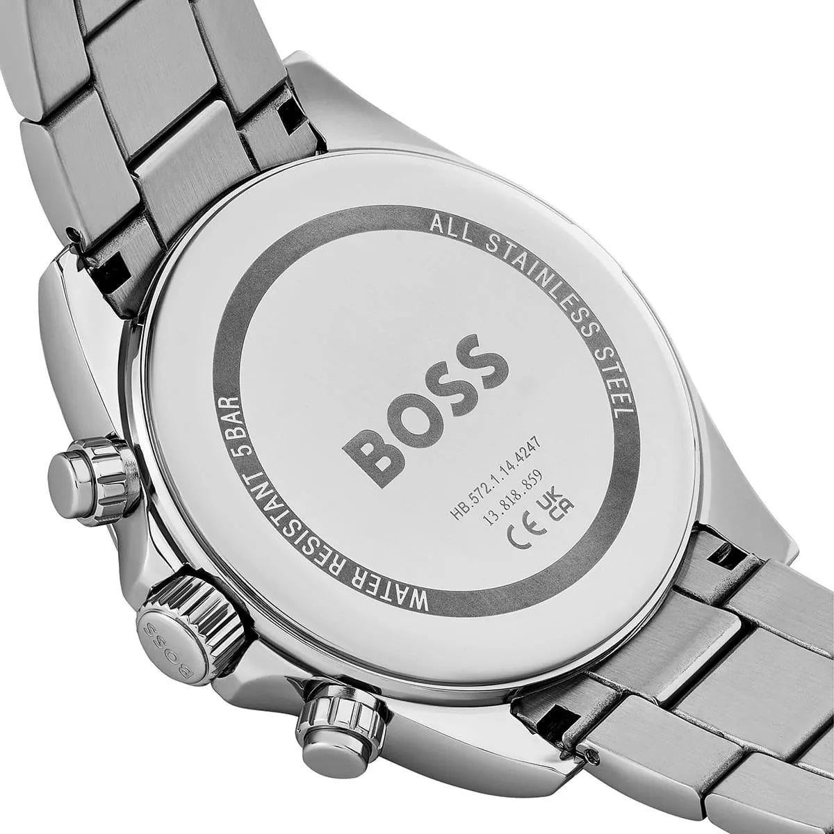 Caseback of Hugo Boss Hero 1514267 men's quartz battery watch showing technical specs 50m water resistance and metal strap