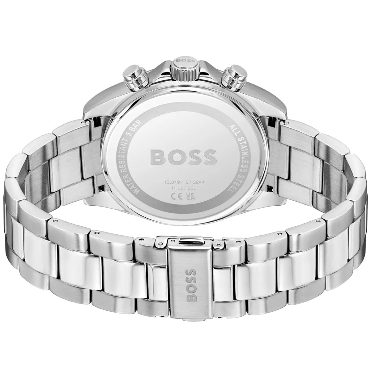 Caseback of Hugo Boss Hero 1514267 men's quartz battery watch showing technical specs 50m water resistance and metal strap