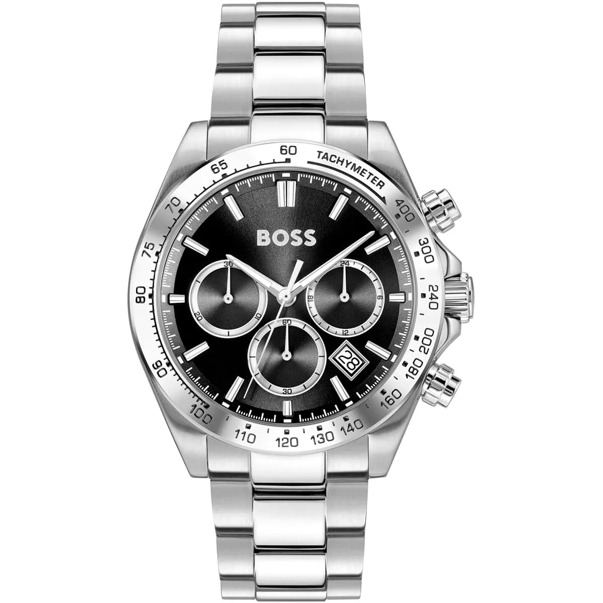 Hugo Boss Hero 1514267 men's quartz battery watch with black sunray dial, silver-tone chronograph sub-dials, silver bezel, silver stainless steel bracelet main view