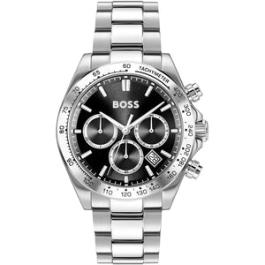 Hugo Boss Hero 1514267 men's quartz battery watch with black sunray dial, silver-tone chronograph sub-dials, silver bezel, silver stainless steel bracelet main view