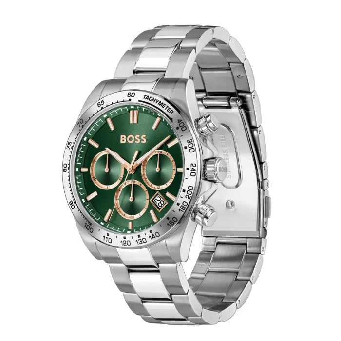 Silver watch with green dial and 'BOSS' branding on a white background