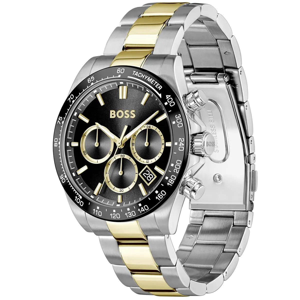 Right angled view of Hugo Boss Hero 1514269 men's quartz battery watch highlighting two-tone finish and black bezel details