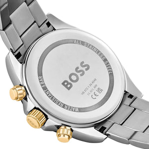 Caseback of Hugo Boss Hero 1514269 men's quartz battery watch showing technical specs 50m water resistance and metal strap