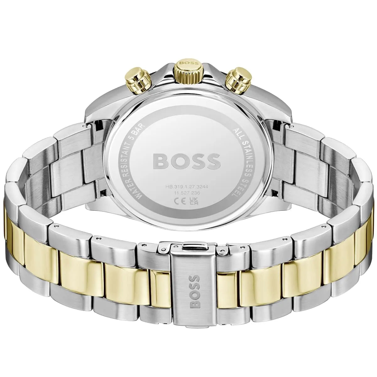 Caseback of Hugo Boss Hero 1514269 men's quartz battery watch showing technical specs 50m water resistance and metal strap