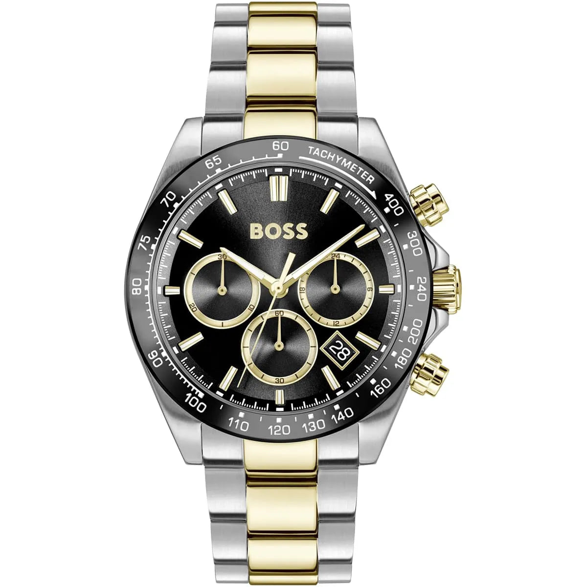 Hugo Boss Hero 1514269 men's quartz battery watch with black sunray dial, gold-tone chronograph sub-dials, black bezel, two-tone silver and gold stainless steel bracelet main view