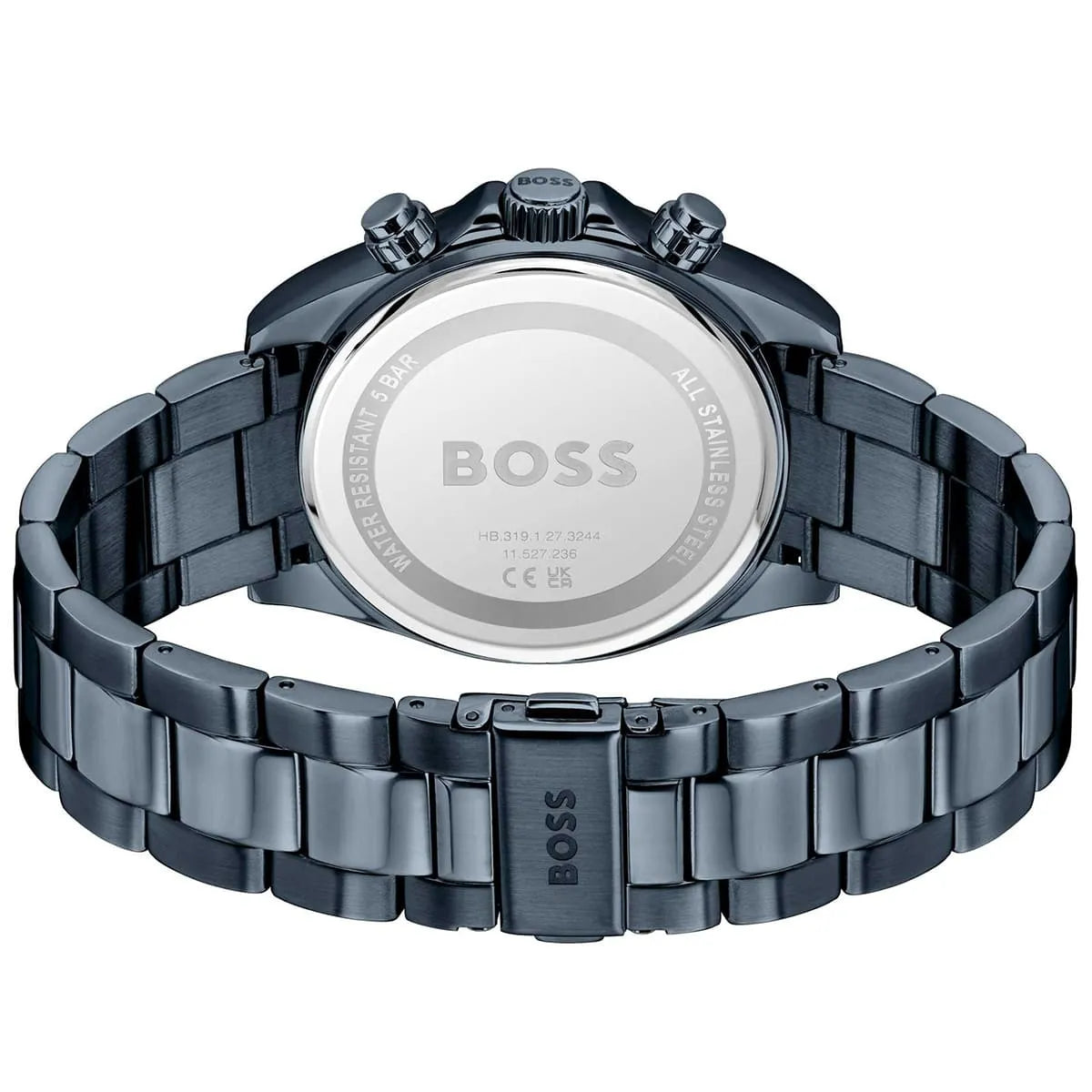 Detailed view of the blue stainless steel bracelet of the Hugo Boss Hero 1514270 watch.