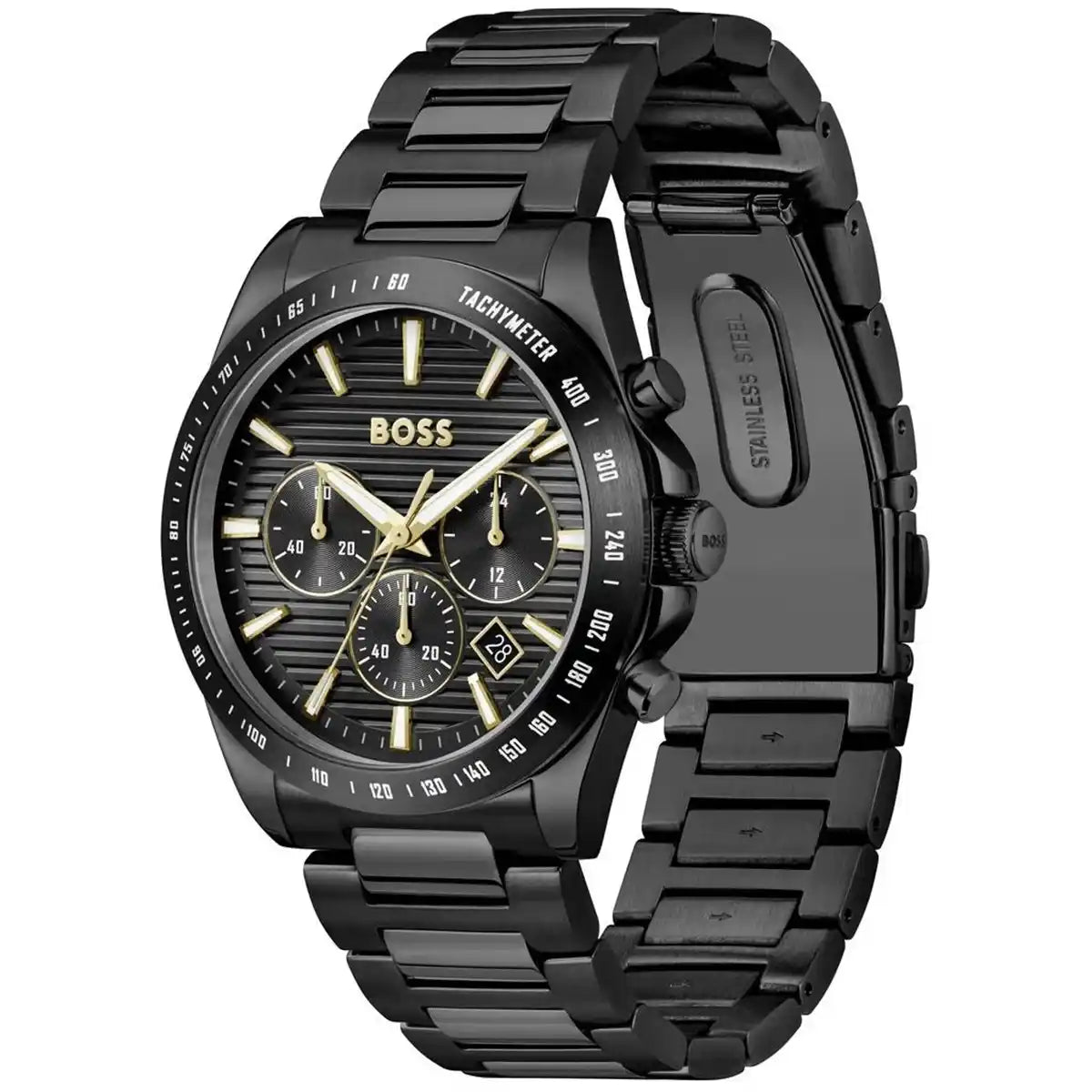 Angled real-life photo of Hugo Boss 1514291 showing the polished black case and textured dial