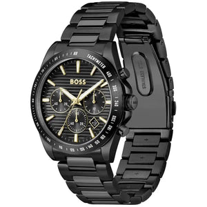 Angled real-life photo of Hugo Boss 1514291 showing the polished black case and textured dial