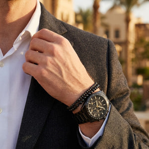 Lifestyle photo of Hugo Boss 1514291 showing the bold all-black watch on a man's wrist
