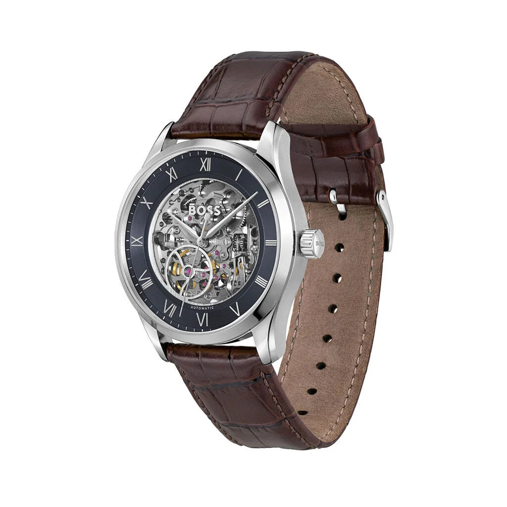 Left angled view of Hugo Boss Principe 1514305 men's automatic watch showing brown leather strap and silver-tone case profile