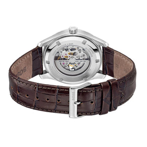 See-through caseback of Hugo Boss Principe 1514305 men's automatic watch showing technical specs and mechanical movement