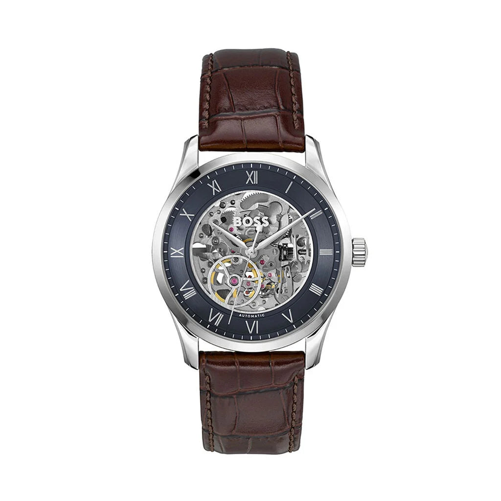 Hugo Boss Principe 1514305 men's automatic watch with navy blue skeleton dial, silver-tone case, brown leather strap main view