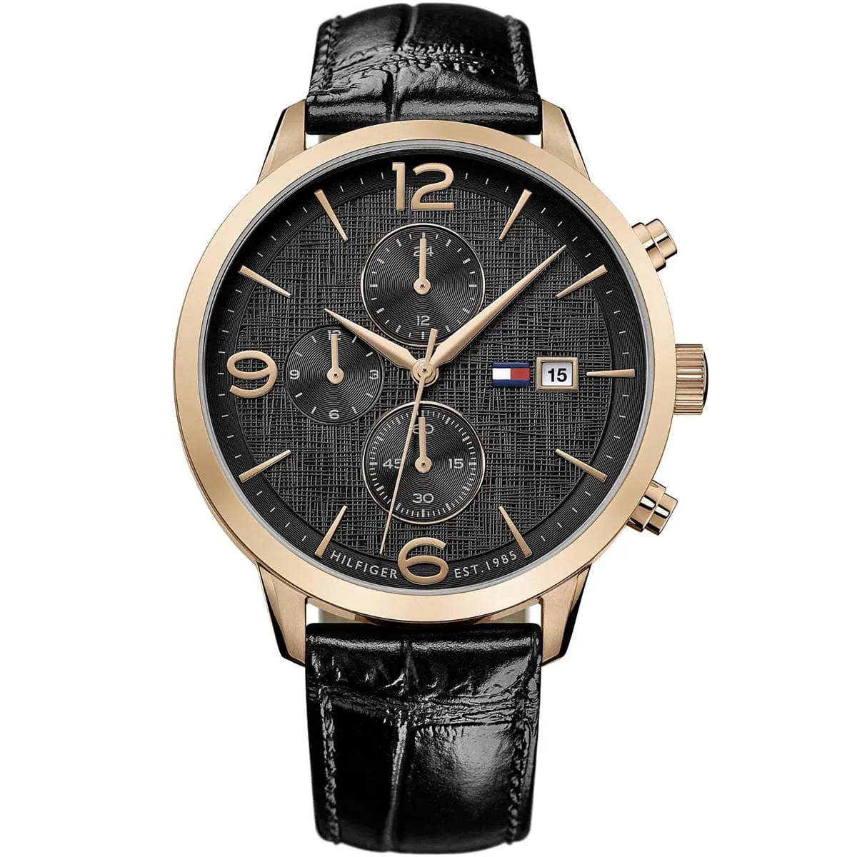 Tommy Hilfiger Liam 1710358 men's quartz battery watch with black dial, gold-tone case, black leather strap main view