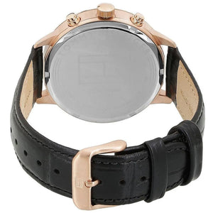 Caseback of Tommy Hilfiger Liam 1710358 men's quartz battery watch showing technical specs black dial and leather strap