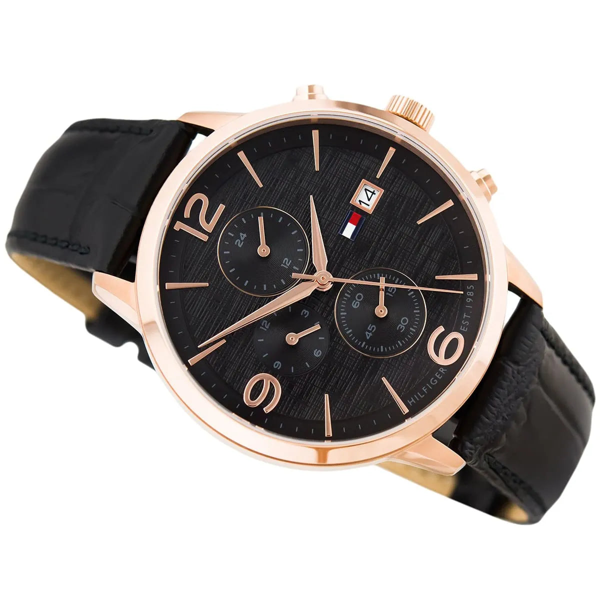 Right angled view of Tommy Hilfiger Liam 1710358 men's quartz battery watch highlighting gold finish and black dial accents