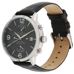 Right angled view of Tommy Hilfiger Liam 1710361 men's quartz battery watch highlighting silver finish and gray dial accents