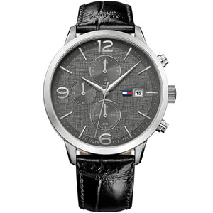 Tommy Hilfiger Liam 1710361 men's quartz battery watch with gray dial, silver-tone case, black leather strap main view