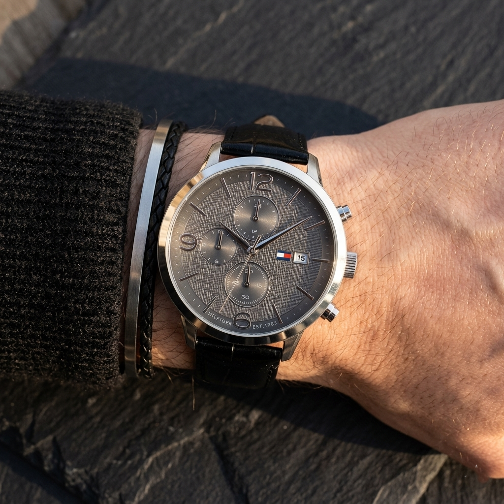 Close up of Tommy Hilfiger Liam 1710361 men's quartz battery watch on wrist showing gray textured dial and black leather strap