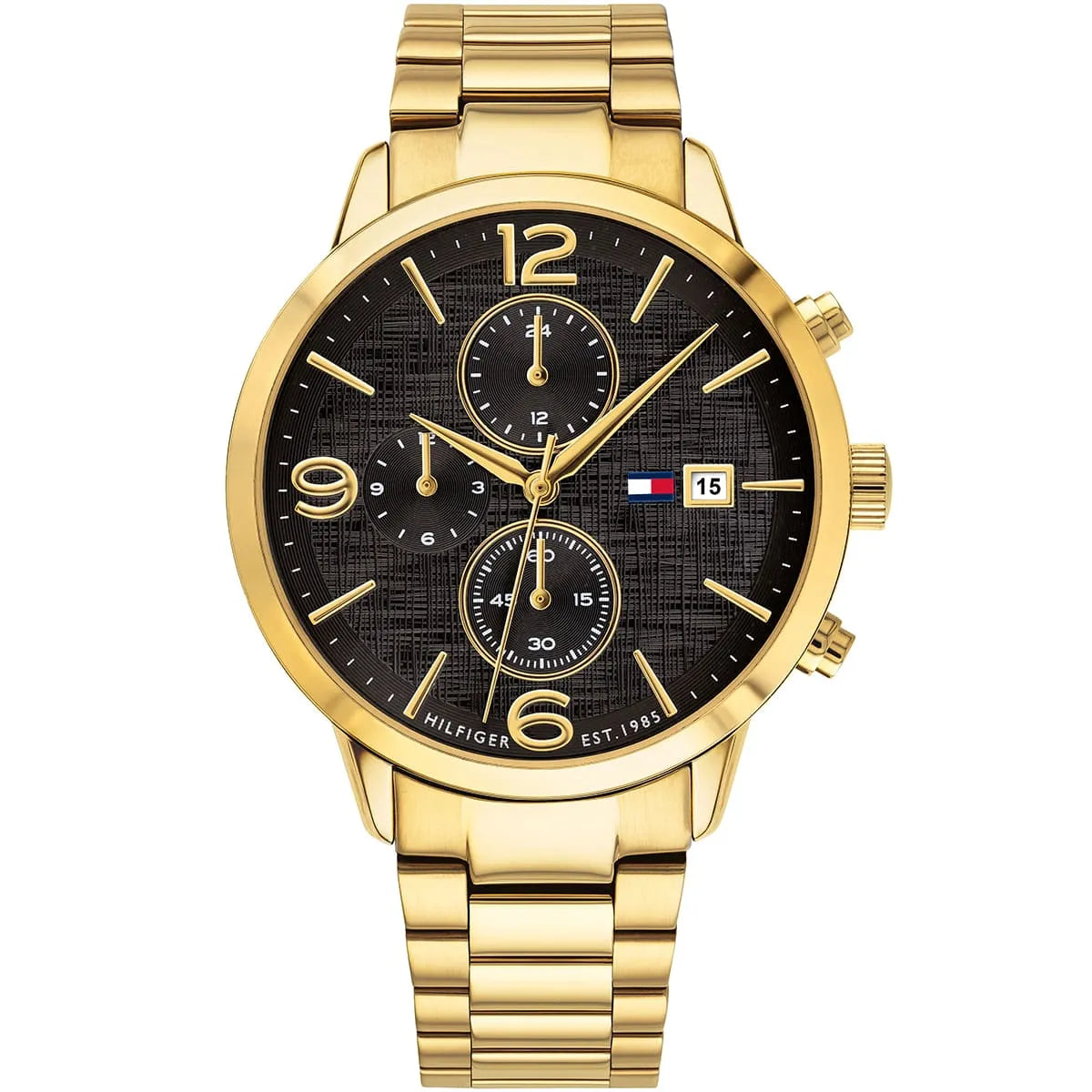 Tommy Hilfiger Liam 1710362 men's quartz battery watch with black dial, gold-tone case, gold stainless steel bracelet main view