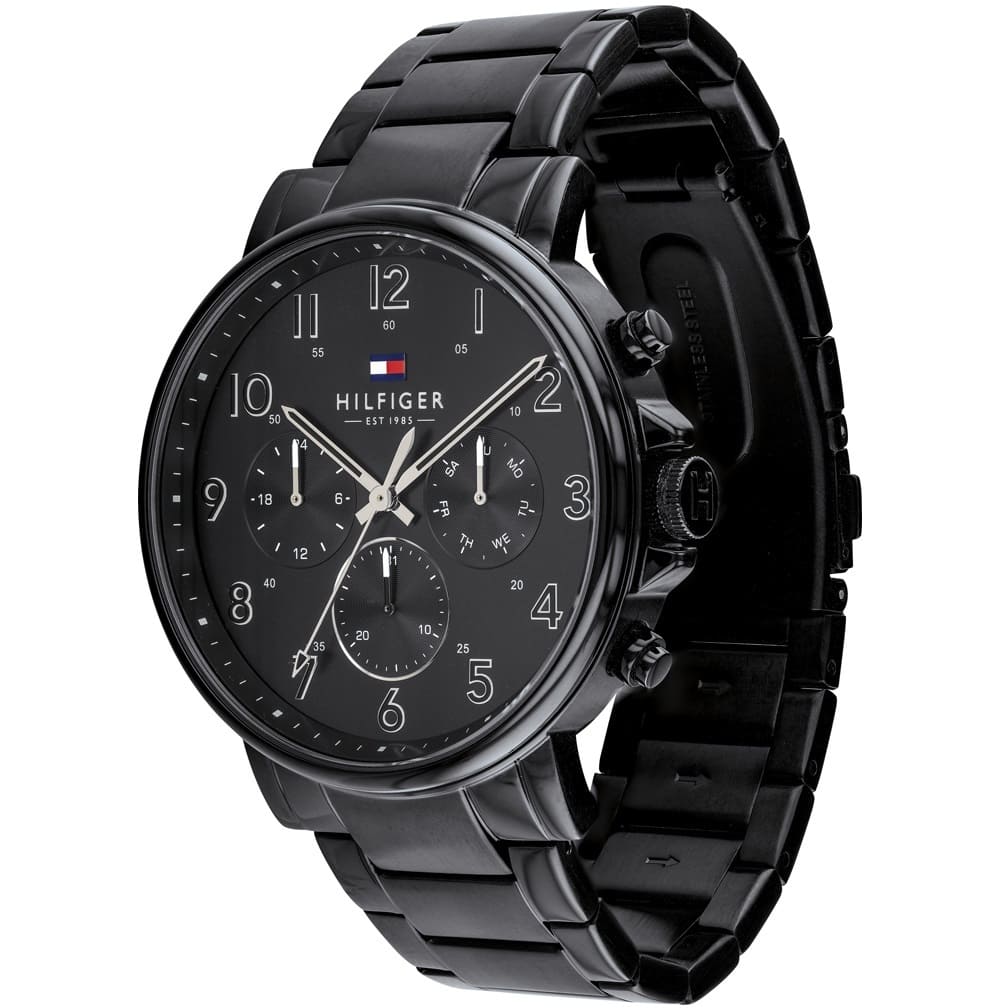 Right angled view of Tommy Hilfiger Daniel 1710383 men's quartz battery watch highlighting black finish and sub-dial details