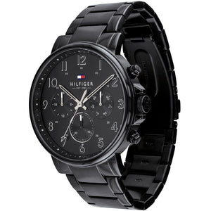 Right angled view of Tommy Hilfiger Daniel 1710383 men's quartz battery watch highlighting black finish and sub-dial details
